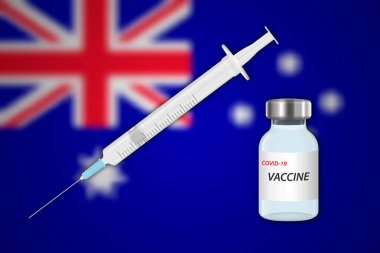 Bulanık arkaplanda şırınga ve aşı şişesi Avustralya bayrağı, aşı pankartı şablonu