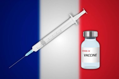 Bulanık arka planda şırınga ve aşı şişesi Fransa bayrağı, aşı pankartı şablonu