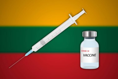 Şırınga ve aşı şişesi bulanık arkaplanda Litvanya bayrağı, aşı pankartı şablonu