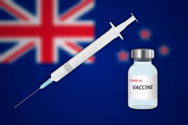 Yeni Zelanda bayrağı ile bulanık arka planda şırınga ve aşı şişesi, aşı pankartı şablonu