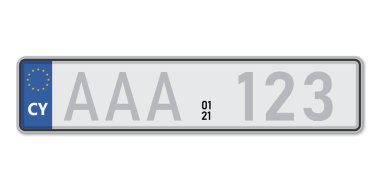 Arabanın plakası. Kıbrıs Rum Kesimi 'nin araç ruhsatı. Avrupa Standart Boyutları