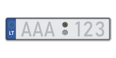 Arabanın plakası. Litvanya 'nın araç ruhsatı. Avrupa Standart Boyutları