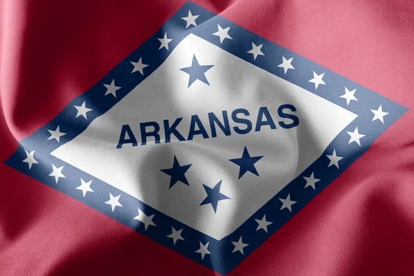 阿肯色州的3D插图旗帜是美国的一个地区 飘扬在风旗纺织品的背景上 — 图库照片