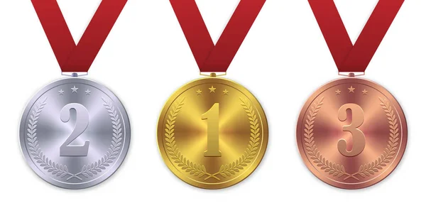 Vector Ouro Realista Prata Bronze Medalha Prêmio Vencedor Primeiro Lugar — Vetor de Stock