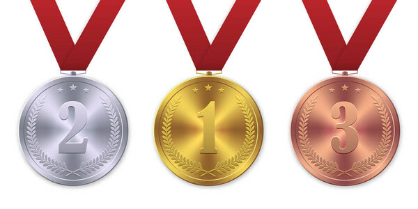 Vector 3d Realistic Gold, silver and bronze medal, First place winner award