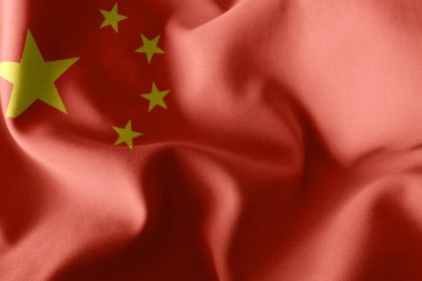 Çin bayrağının 3 boyutlu resmi. Rüzgâr bayraklarında sallanan tekstil arka planı