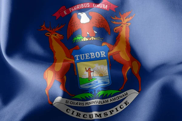 密歇根的3D插图旗帜是美国的一个地区 飘扬在风旗纺织品的背景上 — 图库照片