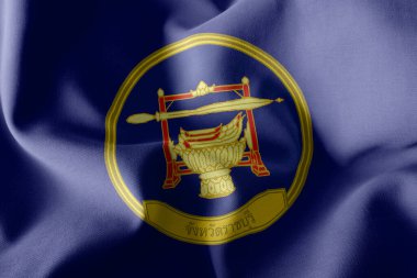 Ratchaburi, Tayland 'da bir şehirdir. Tayland bölgesinin ismiyle birlikte rüzgarda dalgalanan yazı.
