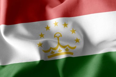 Tacikistan 'ın 3 boyutlu illüstrasyon bayrağı. Rüzgâr bayraklarında sallanan tekstil arka planı