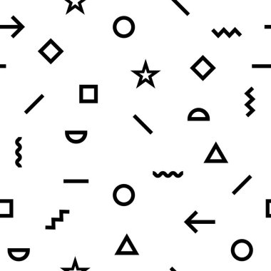 Hippi formlu vektör geometrik desen. Çizgi, kare, üçgen, daire şeklinde. Tasarımınız için Retro pürüzsüz şablon