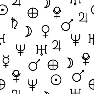 Gezegen simgeleriyle Geometrik Vektör deseni. Hippi tarzı. Tasarımınız için şablon