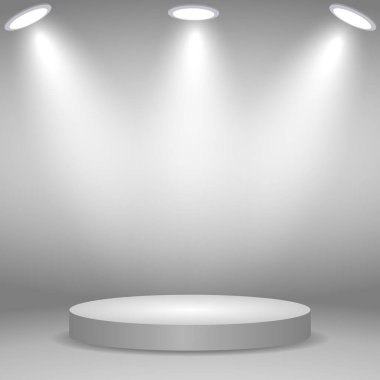Yuvarlak podyum, beyaz arka plandaki spot ışıklarıyla aydınlatılmış kaide ya da platform. Tasarımınız için sahne ışıkları şablonu