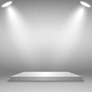 Beyaz kare podyum. Platform spot ışıklarıyla aydınlatıldı. Vektör çizimi. Tasarımınız için şablon