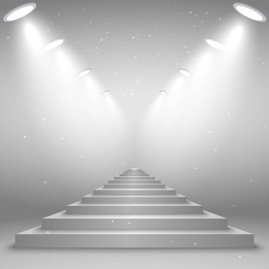 Spot ışıklarıyla aydınlatılmış beyaz merdivenler, tasarımınız için gerçekçi vektör çizim şablonu