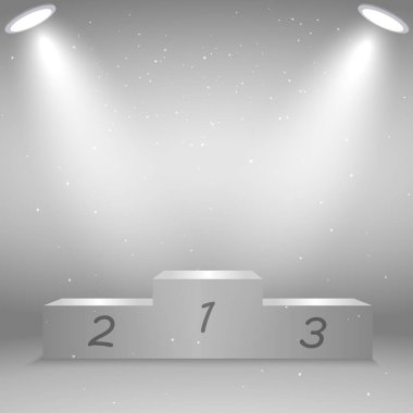 Aydınlatılmış gerçekçi spor şampiyonları 3 boyutlu podyum. Kazananlar için kaldırım taşı. Tasarımınız için vektör illüstrasyon şablonu
