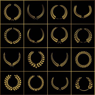 Koyu arka planda altın ödüllü defne çelenkleri, vektör illüstrasyonu. Tasarımınız için şablon
