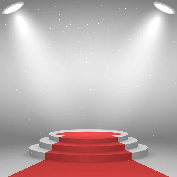 Bühne Für Preisverleihungen Weißes Podium Mit Rotem Teppich Beleuchtet Von — Stockvektor