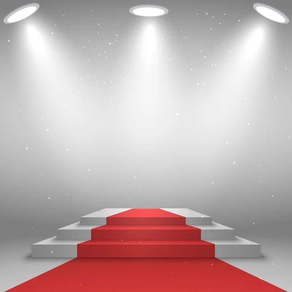 Bühne Für Preisverleihungen Weißes Podium Mit Rotem Teppich Beleuchtet Von — Stockvektor