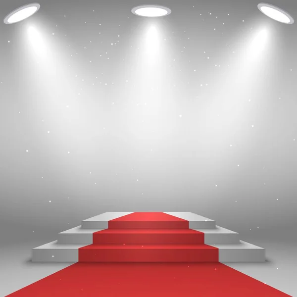 Stage Awards Ceremony White Podium Red Carpet Illuminated Spotlight Template — Stock Vector