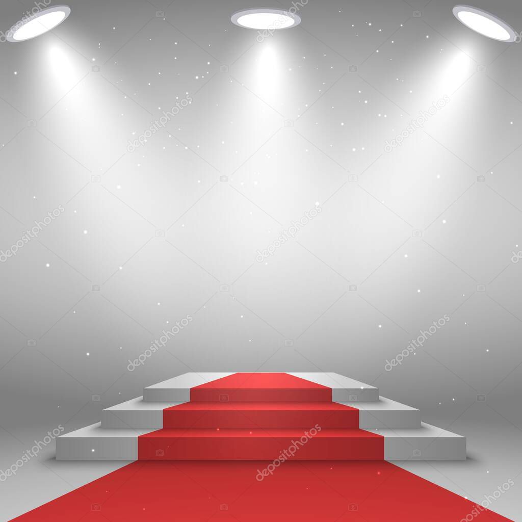 Stage for awards ceremony. White podium with red carpet, illuminated by spotlight Template for your design