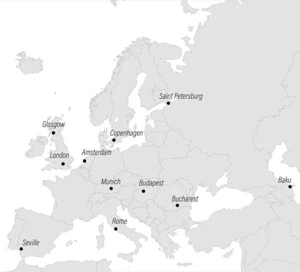 Mapa Europa Con Ciudades Anfitrionas Torneos Europeos Ilustración Vectorial — Vector de stock