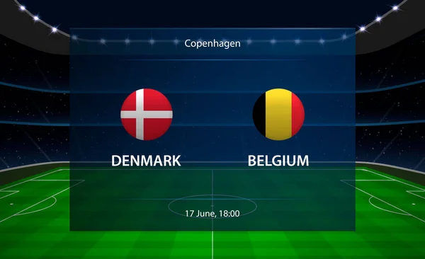 丹麦对比利时足球计分板。广播图形足球 — 图库矢量图片