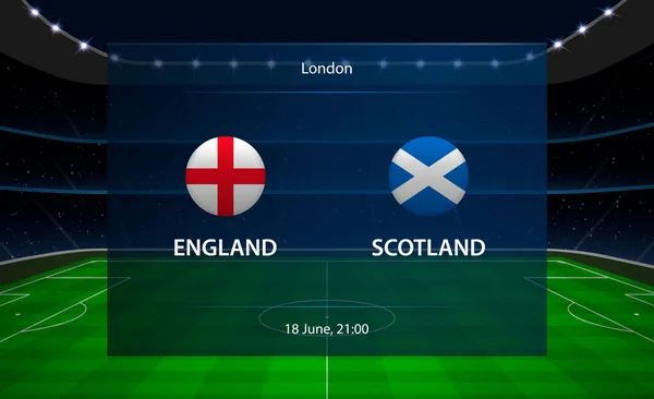 Engeland vs Schotland voetbal scorebord. Uitgezonden grafisch voetbal — Stockvector