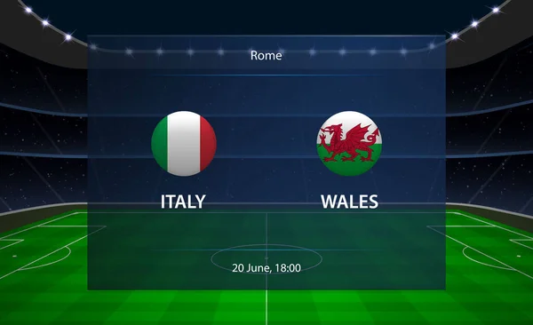 Italia vs Gales marcador de fútbol. Broadcast fútbol gráfico — Vector de stock