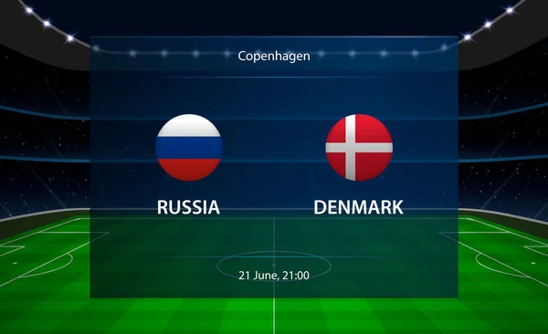 俄罗斯对丹麦足球计分板。广播图形足球 — 图库矢量图片