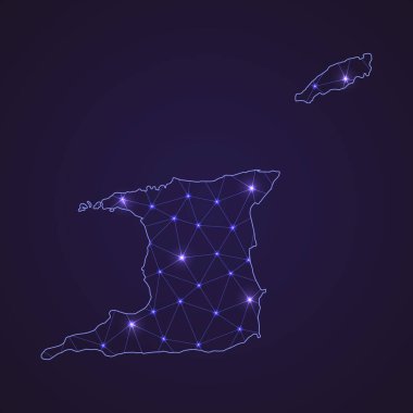 Trinidad ve Tobago 'nun dijital ağ haritası. Soyut bağlantı çizgisi ve koyu arkaplanda nokta