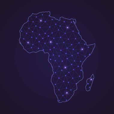 Afrika 'nın dijital ağ haritası. Soyut bağlantı çizgisi ve koyu arkaplanda nokta