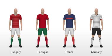 Macaristan, Portekiz, Fransa ve Almanya milli futbol takımları, forma için şablon, set futbol setleri