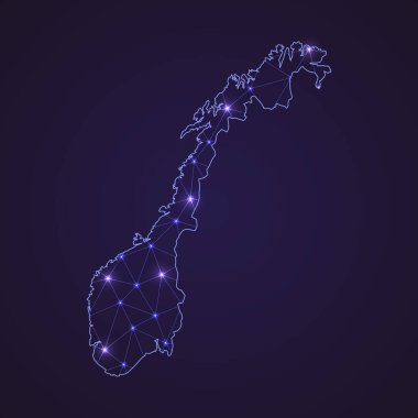 Norveç 'in dijital ağ haritası. Soyut bağlantı çizgisi ve koyu arkaplanda nokta