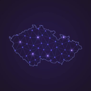 Çek Cumhuriyeti 'nin dijital ağ haritası. Soyut bağlantı çizgisi ve koyu arkaplanda nokta