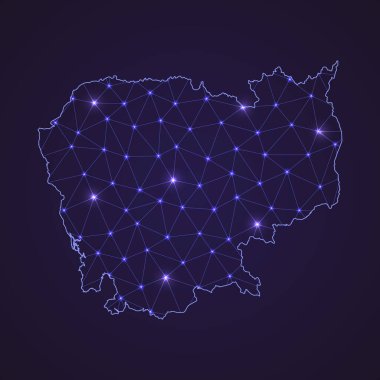 Kamboçya 'nın dijital ağ haritası. Soyut bağlantı çizgisi ve koyu arkaplanda nokta