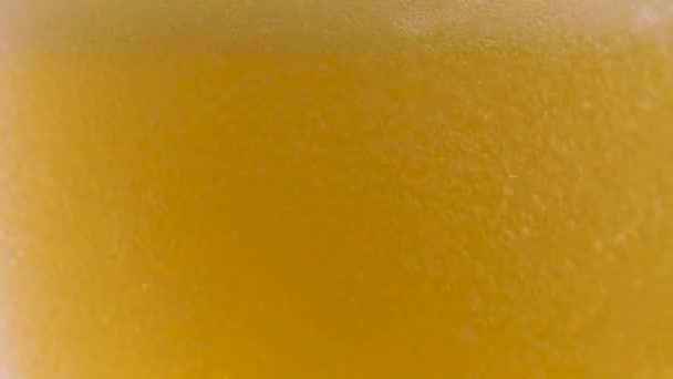 Détail du mouvement lent Prise de vue de bulles de bière ondulantes et de mousse dans le verre. Bière froide légère dans un verre avec des gouttes d'eau. Fraicheur et mousse. — Video