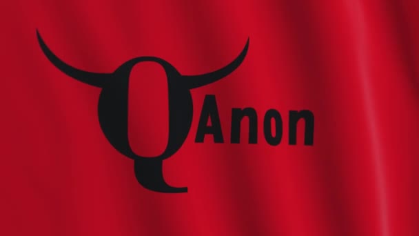 Macha flagą z symbolem szamana Q. Teoria spiskowa Q Anona. Mistyczna litera Q na czerwonej fladze — Wideo stockowe