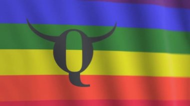 Sembol Q Anon komplo teorisi LGBT bayrağının arka planına karşı. LGBT bayrağında mistik Q harfi. Q Şaman sembolü.