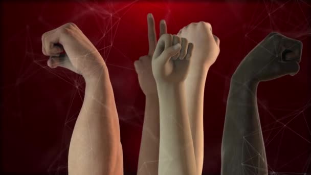 Hands of Diverse Interracial People Raised on A Dark Background (en inglés). Animación 3d protesta política. Manos arriba Protes. Antiracismo. Igualdad. — Vídeo de stock