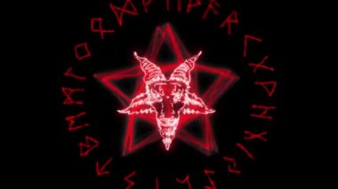 Çemberde beş köşeli yıldız sembolü yakmak. Animasyon pentagramını ateşle. Tılsım, penoterik pentagram. Beş köşeli kırmızı neon yıldız tılsımı şeytani pentagram tılsımı..
