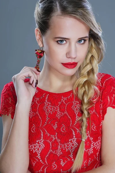 Fashion woman closeup portrait with red lipstick — Stock Photo, Image