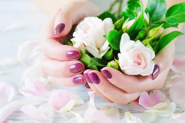 Pink manicure and roses — Stock Photo, Image