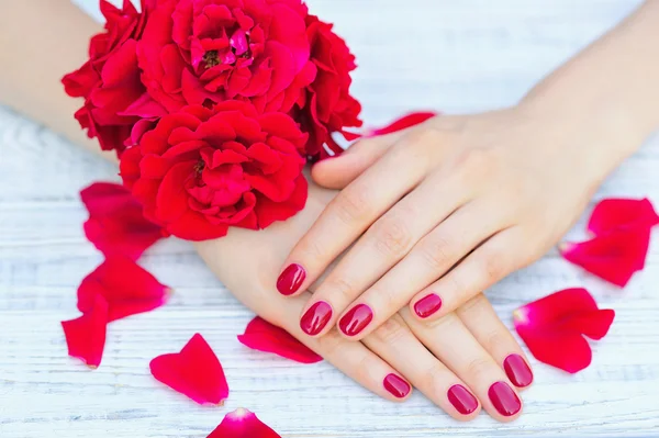 Manicured fingernails and flowers — Stock Photo, Image