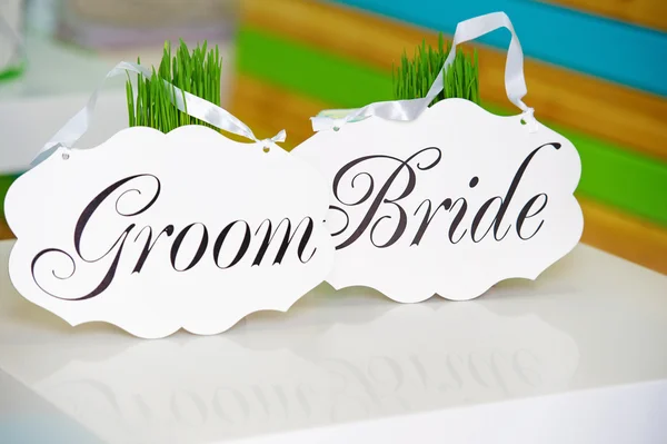 Wedding bride and groom signs — Stock Photo, Image