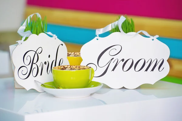 Wedding bride and groom signs — Stock Photo, Image