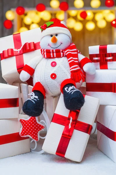 Christmas gift boxes with red ribbon bows — Stock Photo, Image