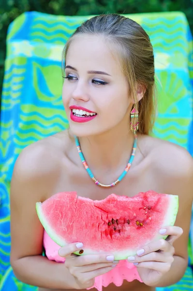 Beautiful trendy woman with watermelon — Stock Photo, Image