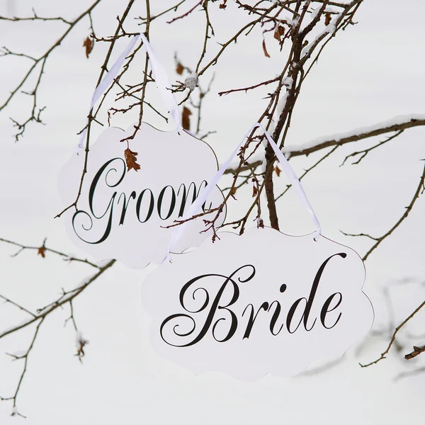 Winterliche Dekorationstafeln für Braut und Bräutigam — Stockfoto