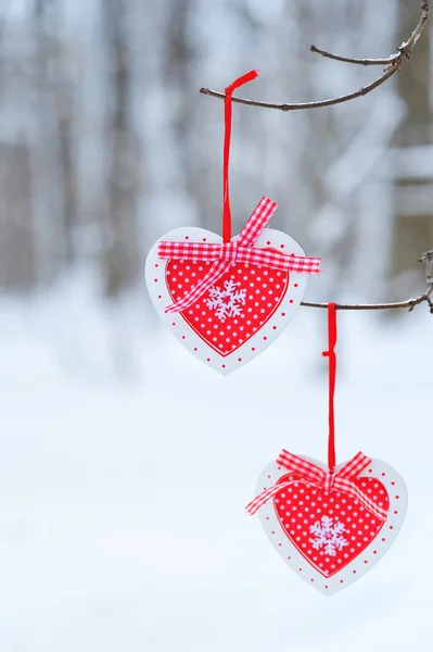 Cuori rossi decorazione appesi su di te ramo — Foto Stock