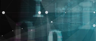 Ağ üzerinden çalıştırılan ikili kod baytları. Soyut fütüristik siber uzay. Modern Teknoloji geçmişi